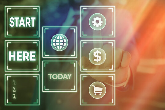 Word writing text Start Here. Business photo showcasing an act of pointing a location or portion on where to start Information digital technology network connection infographic elements icon
