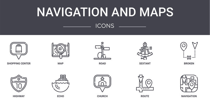 Navigation And Maps Concept Line Icons Set. Contains Icons Usable For Web, Logo, Ui/ux Such As Map, Sextant, Highway, Church, Route, Navigation, Broken, Road