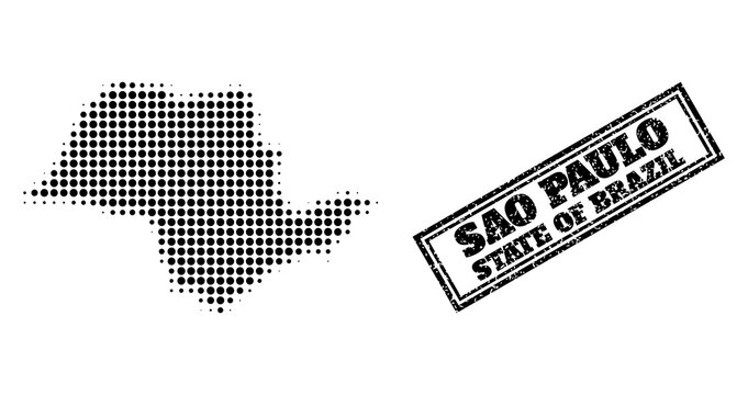 Halftone map of Sao Paulo State, and dirty watermark. Halftone map of Sao Paulo State constructed with small black spheric pixels. Vector watermark with scratched style, double framed rectangle,