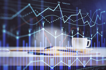 Multi exposure of forex graph drawing and desktop with coffee and items on table background. Concept of financial market trading