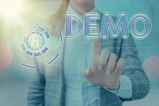 Word writing text Demo. Business photo showcasing exemplification display expression show visual communication reflection Graphics padlock for web data information security application system