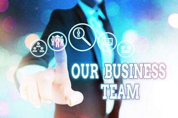 Conceptual hand writing showing Our Business Team. Concept meaning meeting and brainstorming, strategic partnership, crowdfunding, success Information digital technology network infographic elements