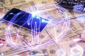 Double exposure of education theme drawing over usa dollars bill background. Concept of study.
