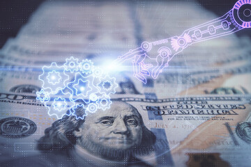 Double exposure of data theme drawing over us dollars bill background. Technology concept.