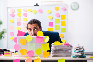 Young male employee in conflicting priorities concept