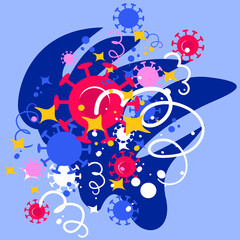 Obraz premium Stock vector illustration of hand drawn coronavirus second wave concept. Doodle style background with coronavirus symbol. Protect immunity and business from covid-19 virus. Be careful and strong.