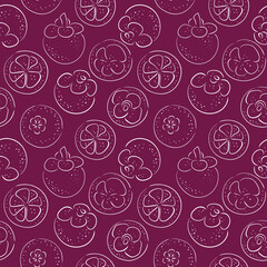 Seamless pattern with tropical line fruits mangosteen on purple background. Doodle and hand drawn vector design. For kitchen and kids textile and fabric.