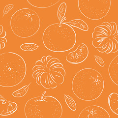 Fresh oranges, tangerines leaves background. Hand drawn overlapping backdrop. Colorful wallpaper vector. Seamless pattern with citrus fruits. Decorative illustration, good for printing
