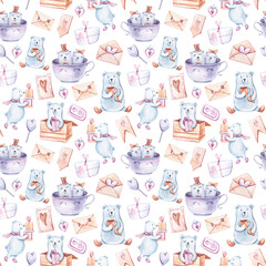 Watercolor hand painted bears set. Seamless pattern on white background. Bears in love, love letters, envelopes clipart. Perfect for textile design, fabric, wrapping paper, scrapbooking, packaging