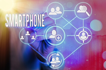 Writing note showing Smartphone. Business concept for a mobile phone that performs many of the...