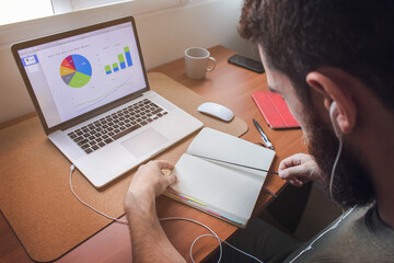 Young man working at home with a laptop, tablet, notebook and drinking a cup of coffee. The laptop's screen has graphics and reports.