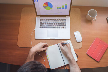 Office flat lay with man writing on a notebook and working with a laptop. The screen on the laptop has reports and graphics. Work from home concept. Business person and freelance.