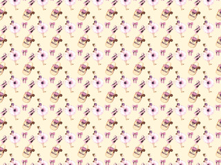 Pattern watercolor drawing background. Young ballerina with a pink tutu, ballet shoes, cute teddy bear