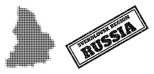 Halftone map of Sverdlovsk Region, and textured seal stamp. Halftone map of Sverdlovsk Region constructed with small black circle dots. Vector watermark with corroded style, double framed rectangle,
