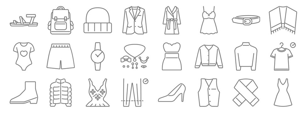 clothes and outfit line icons. linear set. quality vector line set such as dress, vest, sewing, boot, turtleneck, watch, shawl, bathrobe, backpack