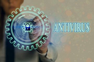 Writing note showing Antivirus. Business concept for suitable for the detection and removal of computer viruses Graphics padlock for web data information security application system
