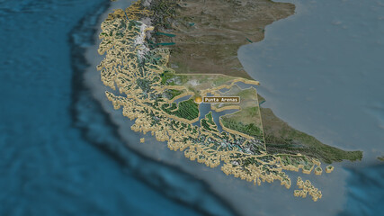 Magallanes y Antártica Chilena, Chile - extruded with capital. Satellite © Yarr65