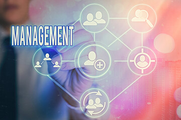 Writing note showing Management. Business concept for the authoritative act of directing or controlling things Information digital technology network infographic elements