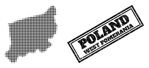 Halftone map of West Pomerania Province, and unclean stamp. Halftone map of West Pomerania Province designed with small black spheric dots. Vector imprint with unclean style, double framed rectangle, © Tensor Designs