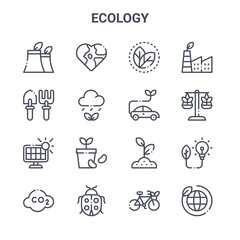 set of 16 ecology concept vector line icons. 64x64 thin stroke icons such as earth, gardening tools, ecology, plant, ladybug, environment, bike, car, eco factory