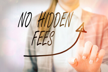 Conceptual hand writing showing No Hidden Fees. Concept meaning without or zero bank charge,...