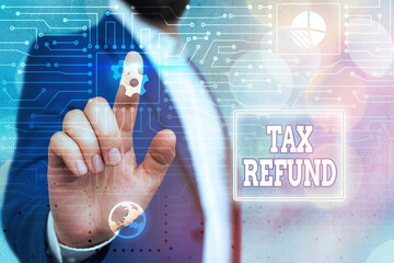 Text sign showing Tax Refund. Business photo showcasing excess payment of paid taxes returned to...
