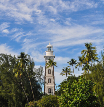 Venus point lighthouse on a summer day in June Tahiti, French Polynesia