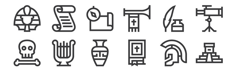 12 set of linear history icons. thin outline icons such as aztec pyramid, bible, harp, feather pen, compass, papyrus for web, mobile. - obrazy, fototapety, plakaty