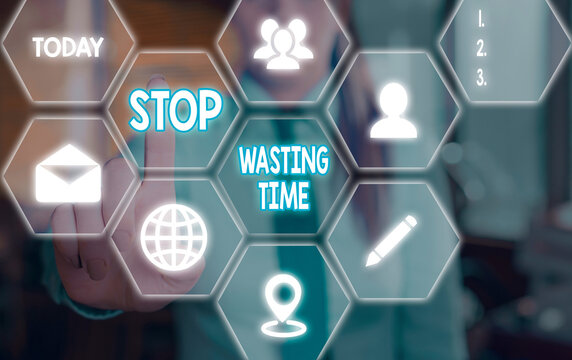 Handwriting text Stop Wasting Time. Conceptual photo Organizing Management Schedule lets do it Start Now Grids and different set up of the icons latest digital technology concept - Powered by Adobe