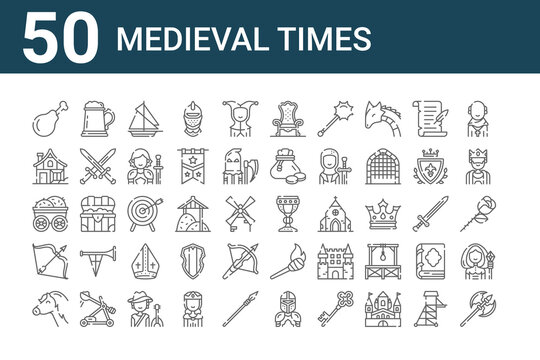 set of 50 medieval times icons. outline thin line icons such as ax, horse, arrows, wooden, medieval house, beer mug, holy chalice, throne, dartboard, torch