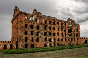 The ruins of a destroyed and broken brick house after the hostilities.