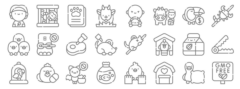 Animal Welfare Line Icons. Linear Set. Quality Vector Line Set Such As Gmo, Farm, Animal Trafficking, Bird Cage, Almond Milk, Meat, Scorpion, Wildlife, Monkey