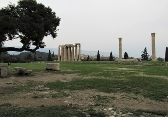 View of the Temple of Olympian Zeus in Athens, Greece on a cloudy day