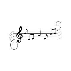 Music notes on lines with swirls, vector illustration.