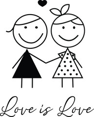Vector design of gay women couple in love holding hands and smiling. Love is love. LGBTQ acceptance concept