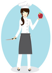 Portrait of female chef with a apple and knife on blue background. Vector, Illustration