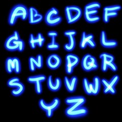 neon light alphabet A-Z on black background.