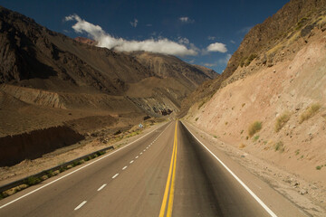 Desert road. Asphalt route 40 across the mountains on the way to Aconcagua in Mendoza, Patagonia Argentina.