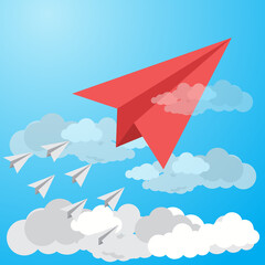red paper plane lead grey ones on a sky background. Leadership  teamwork.