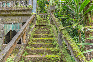 Old moss covered stair case on abandoned building  