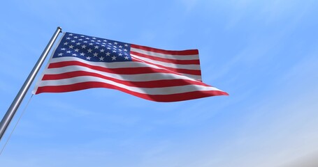 4th July CGI isolated USA flag waving on a blue sky - close up of United States of America national flag flowing in the wind in US American democracy and freedom concept