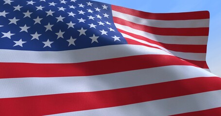 Fototapeta premium 4th July CGI isolated USA flag waving on a blue sky - close up of United States of America national flag flowing in the wind in US American democracy and freedom concept