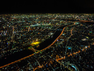 Tokyo city at night, the vast metropolis  spreads out  to the horizon as viewed from the Skytower