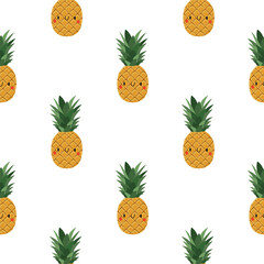 Kawaii Cartoon Pineapple. Seamless Patterns 