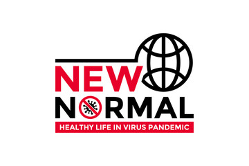 New normal words logo concept design with world globe icon for poster, banner, flyer. After the epidemic the COVID-19 virus caused the new normal life worldwide. Vector illustration.