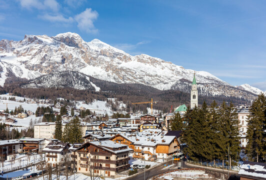 View of the downtown of Cortina, a town and comune in the heart of the southern Alps in the Veneto region of Northern Italy. 
