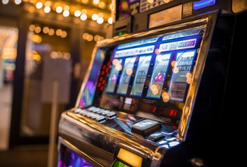 This image shows a side view of an anonymous gambling slot machine with casino lights in the background.
