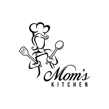 Mom kitchen logo vector illustration with modern typography. Chef mascot logo.