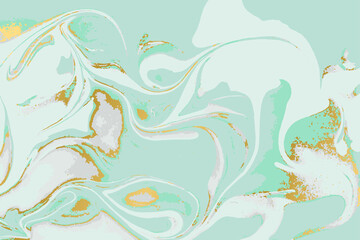 Green and gold agate ripplle pattern. Light marble background.