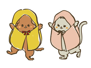 レインコートを着た犬と猫